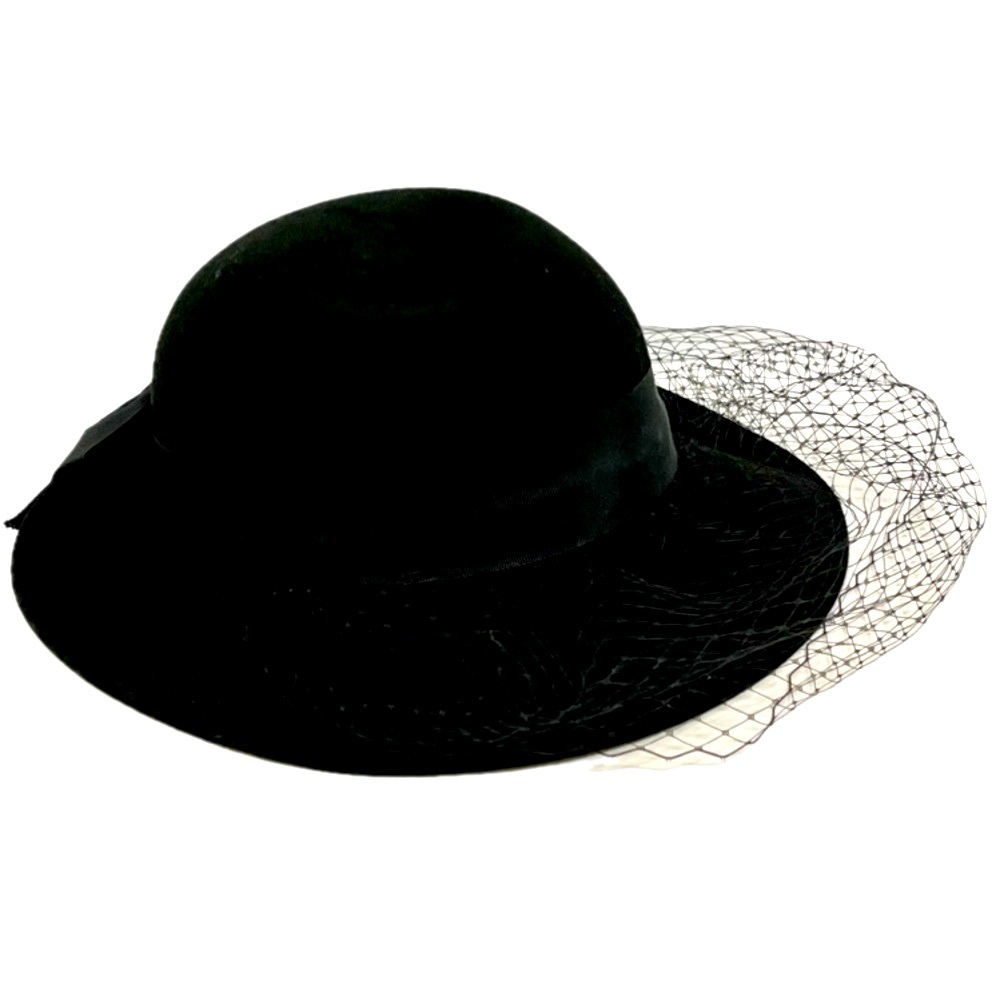 VTG Geo. W. Bollman & Co Hat Doeskin Felt 100% Wool Black Grosgrain Veil Net